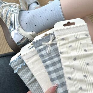 Gray-Blue Breathable College Summer Thin Cute Japanese-Style Bow Socks Mid-Tube Ins Lace Slouch Socks