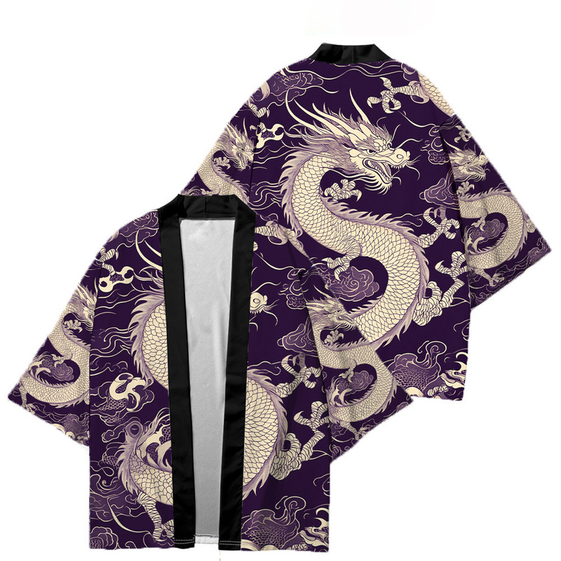 Purple Dragon Pattern Japanese Robe Cardigan for Men and Women Chinese Aesthetic Kimono Street Samurai Cosplay Cloak Top