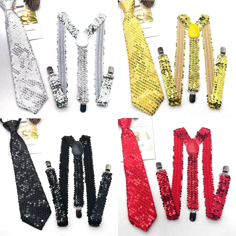 Men's nail sequins, suspenders, tie, set