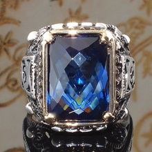 健杰  wish新款复古泰银蓝宝石水晶戒指 方形雕花男士霸气指环