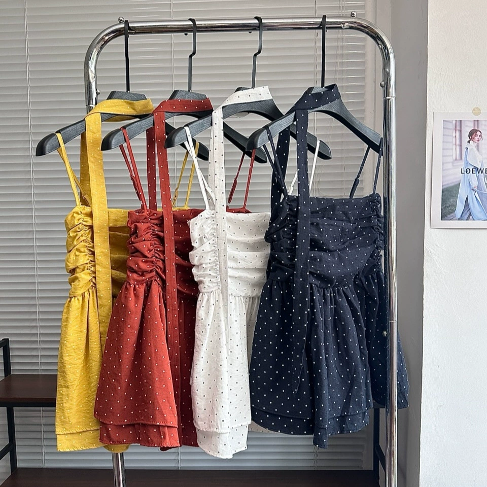 Модный женский топ в корейском стиле в горошек, летний дизайн, с лямкой на шее и лентой, милый топ без рукавов для верхней одежды