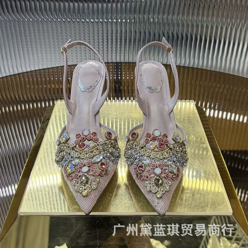 rc宝石尖头高跟鞋女真皮气质后绊带网纱单鞋细跟浅口秀禾伴娘婚鞋|undefined