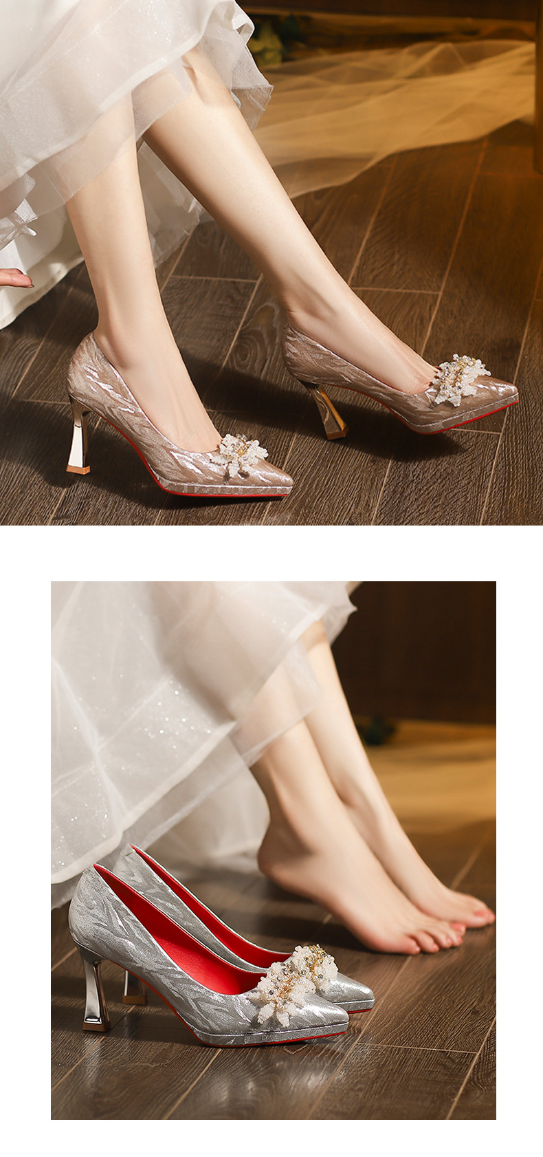 Giày cao gót mũi nhọn stiletto đính ngọc trai hoa quyến rũ, dáng thời thượng — Rượu sâm banh chi tiết 7