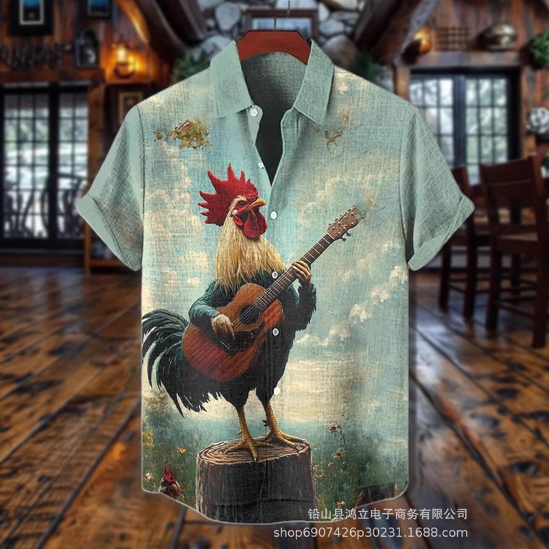 Men's Short Sleeve Linen Shirt Printed Stand Collar Cardigan Street Fashion Loose Breathable High Quality Clothing