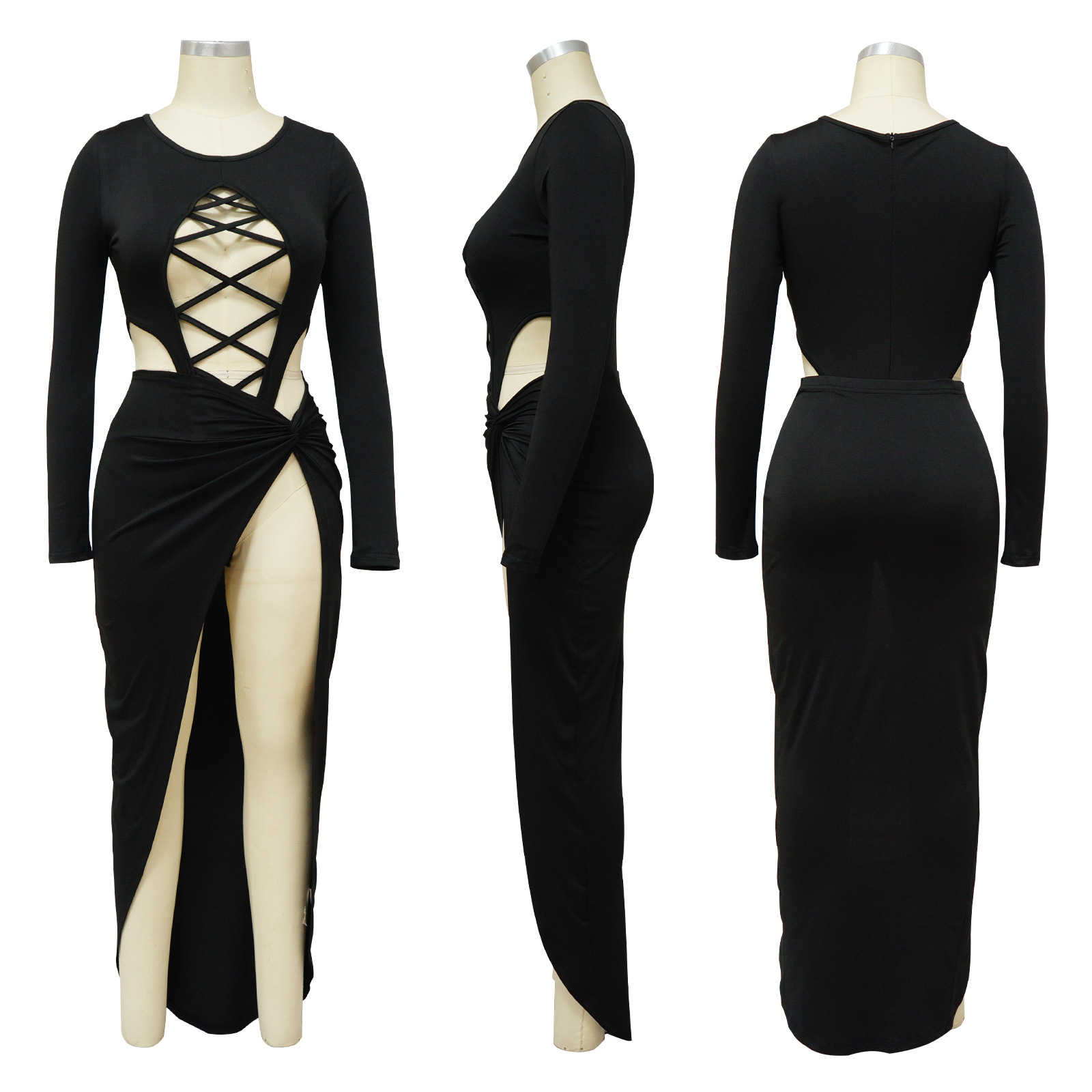Conjunto de saia e top sexy manga comprida com recortes_voghion.com