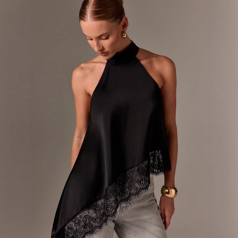 2026 Summer New Cross-Border Women's Fashion Sleeveless Lace Trim Patchwork Irregular Halter Satin Women's T-Shirt Top