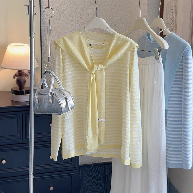 Striped Thin Ice Silk Knitted Sun Protection Shirt 2025 Spring and Summer Short-Sleeved Shawl Large Size Blouse Sun Protection and Uv Protection