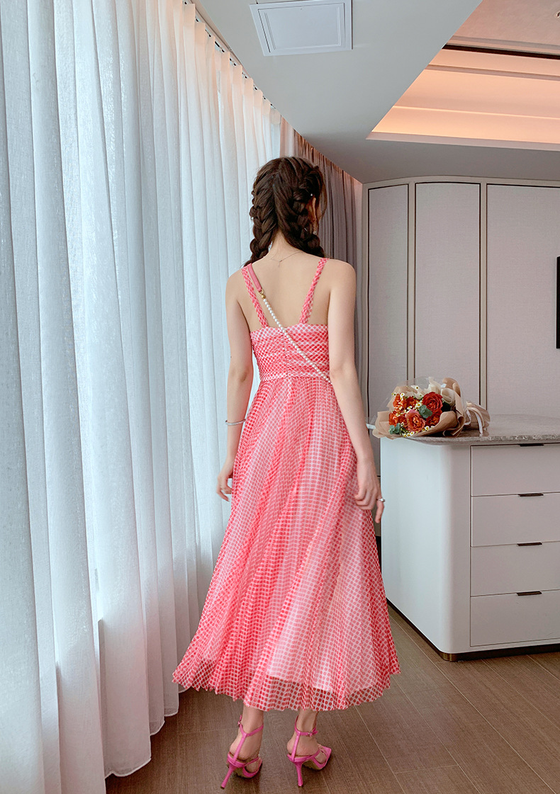 Váy maxi cổ chữ V chấm bi lưới xếp ly cạp cao tay địu — Màu đỏ chi tiết 9