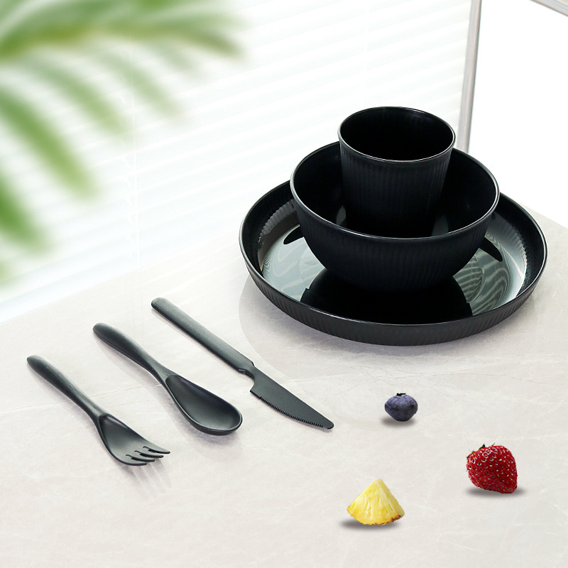 24-piece familia vajilla traje de paja de trigo rayado plato taza tazón de arroz restaurante plato tazón de fideos taza de agua image 7