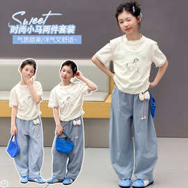 女童2026夏季盐甜洋气短袖T恤阔腿裤套装时尚小马刺绣套装时髦潮t