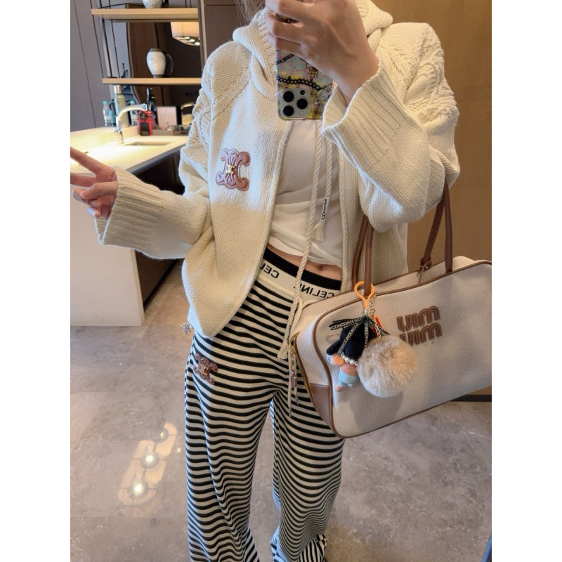 ce 针织外套皮标连帽开衫毛衣女25秋冬新品麻花慵懒针织连帽外套|undefined