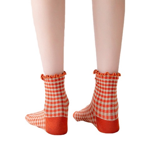 Korean retro plaid lace knee-high socks ins girl's frill colored Lolita cotton socks 