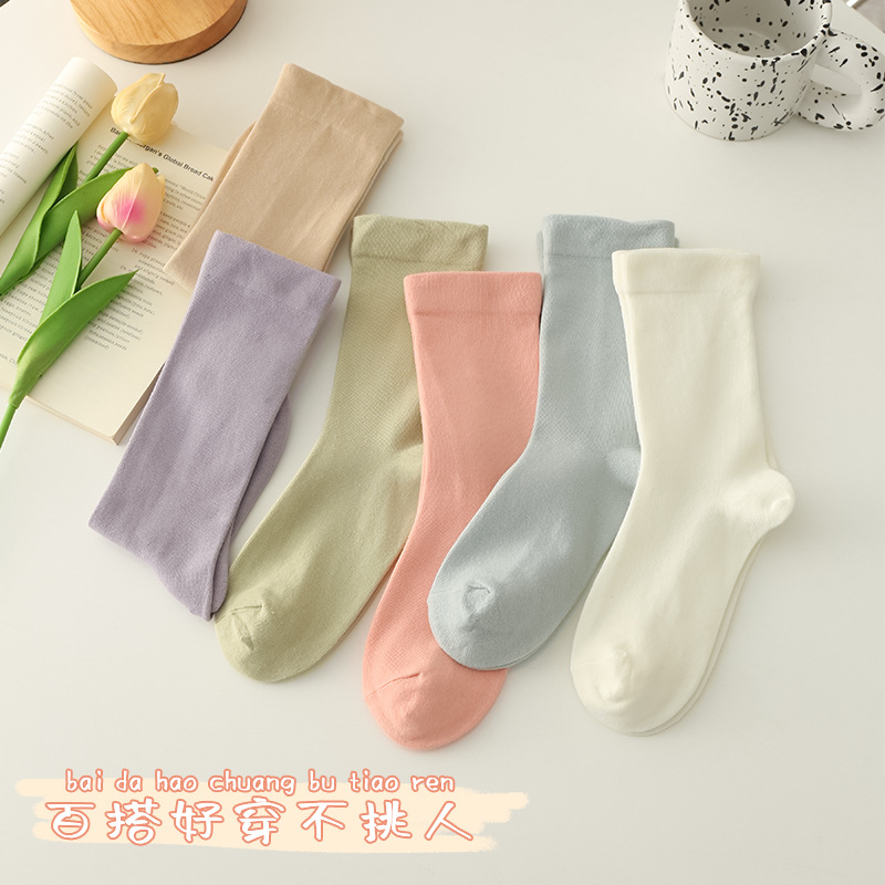 Women's summer thin cotton deodorant sweat-absorbent cotton socks spring and autumn solid color mid-calf length socks women's casual socks pile socks