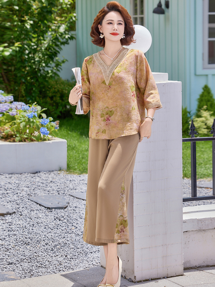 新中式国风气质妈妈休闲套装夏季新款时尚大码中老年女装两件套装
