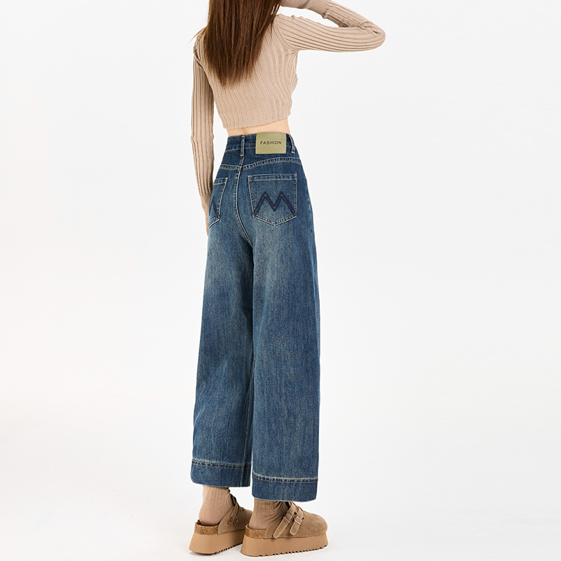 Elastic High-Waisted Embroidered Cropped Jeans for Women, 2026 Spring Season, Petite Straight-Leg Cropped Pants, Petite Jeans