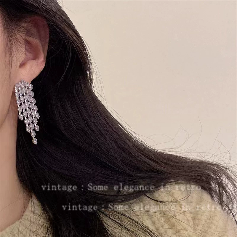 Серебряная игла, длинный дизайн цирконий с кисточками, модные элегантные серьги, высококачественный стиль, европейский стиль