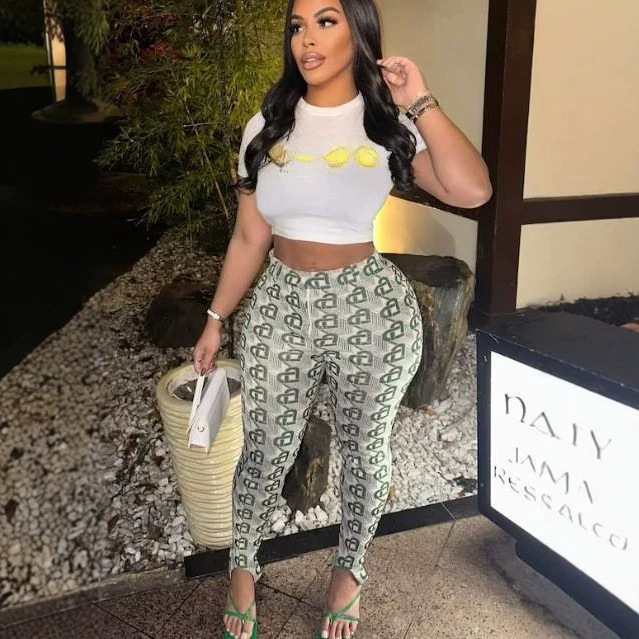 Fc1219 European and American Cross-Border Fashion Printed Short-Sleeved T-Shirt Tights Suit