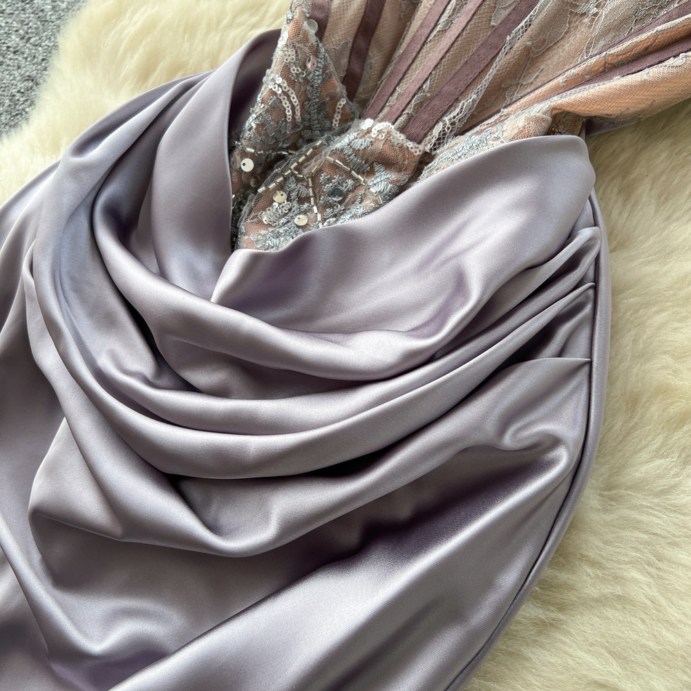 Elegant Women's Satin Lace Evening Gown Spaghetti Strap Dress_voghion.com