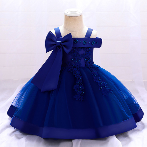 New Children's Dress for Girls with Pearl Flowers, Everyday Wear, One-Shoulder Strappy Birthday Dress for 1-Year-Old Babies