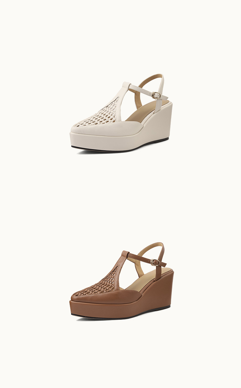 Sandal nữ bít mũi đế xuồng cao gót da thật dệt đan phong cách La Mã — Màu nâu, Màu trắng be chi tiết 9
