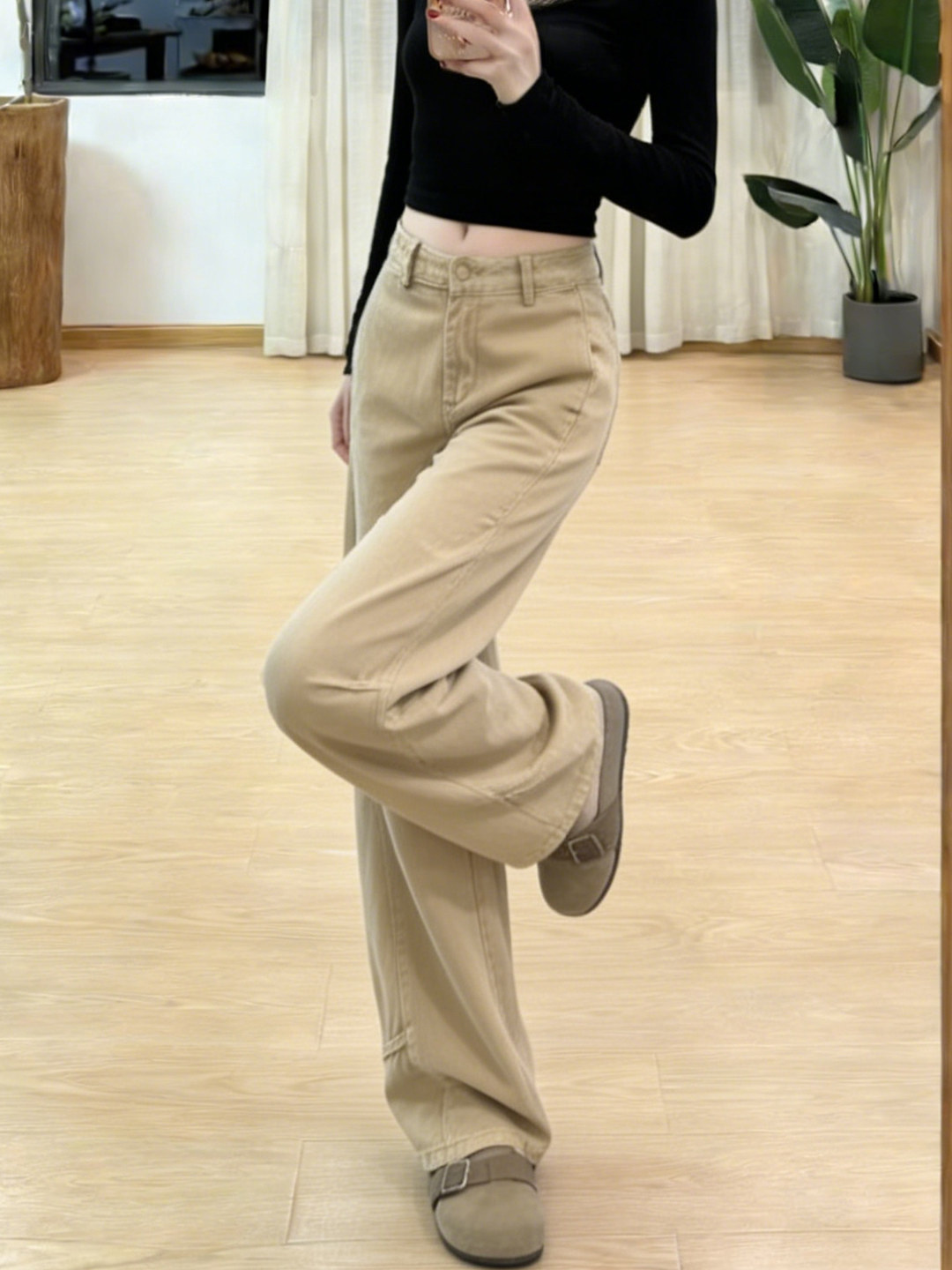 Quần jean kaki nữ ống rộng dáng suông kiểu Mỹ — màu kaki