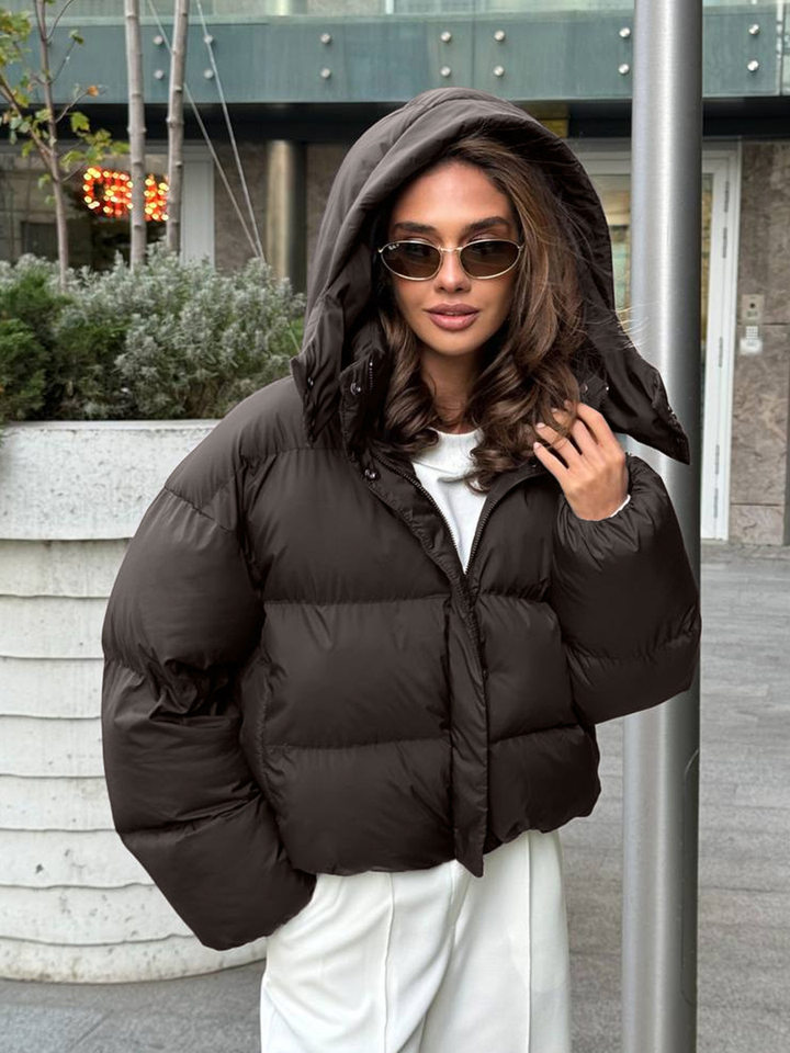 Áo khoác bông nữ dáng rộng ngắn có mũ trùm đầu, tay dài, phong cách casual — màu xám đậm, đen chi tiết 30