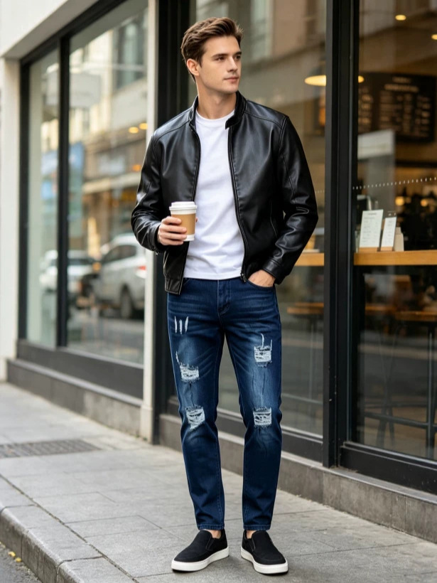 Jeans Elásticos con Roturas para Hombre de Mezclilla de Algodón, Corte Ajustado, para Uso Casual image 1