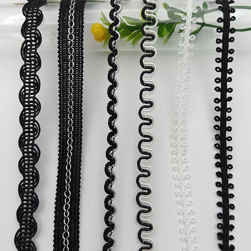 Encaje a rayas blanco y negro, encaje tejido, textiles para el hogar, equipaje, zapatos, sombreros, decoración, correas de cortina, cinturones de borde, accesorios de vestir