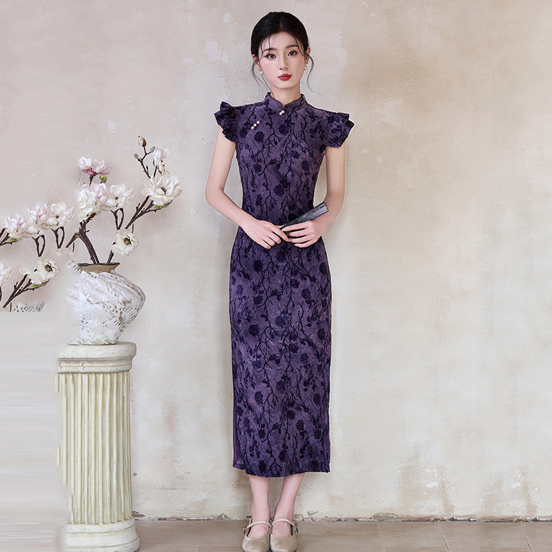 Purple Lotus Leaf Sleeve Chinese Style Suzhou Long Qipao, Modernized Young Style, High-End Retro Dress for Women, Summer