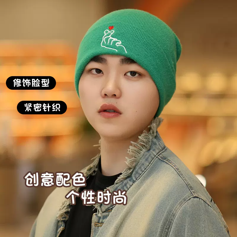 跨境秋冬新款比心红色爱心冷帽刺绣针织帽百搭男女保暖毛线帽冷帽