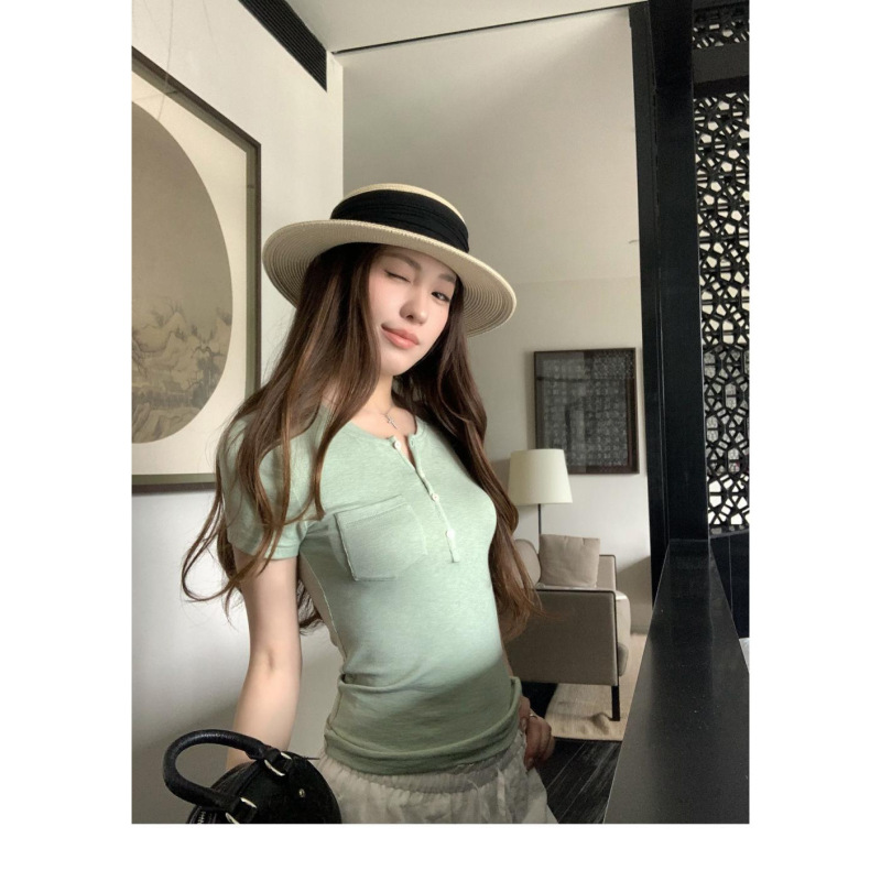In-Stock Premium Cotton Bamboo White Button-Down Henley Collar Short-Sleeve T-Shirt for Women, Summer Korean Style Slim Fit Casual Regular Shoulder In-Stock Premium Cotton Bamboo White Button-Down Henley Collar Short-Sleeve T-Shirt for Women, Summer Korean Style Slim Fit Casual Regular Shoulder