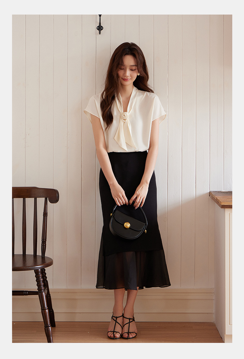 起范 法式V领飘带雪纺衬衫女短袖2024夏季新品气质优雅上衣82568 pic 11