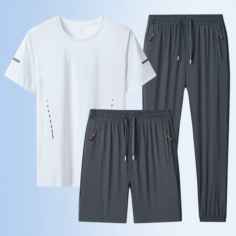 Летний шелковый комплект, шорты, дышащие штаны, быстро сохнущая футболка, 3 предмета комплект, с коротким рукавом