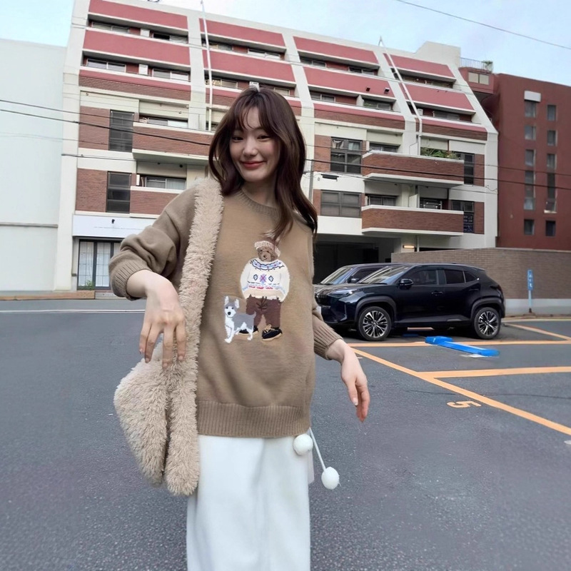 Snow Cartoon Bear Jacquard Pullover Sweater Women's Autumn and Winter New Loose Round Neck Sweater