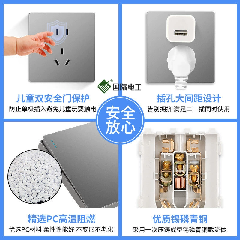 Wall switch and socket panels, fluorescent gray large plate — single/double, 3‑pin 16A, USB, TV/computer