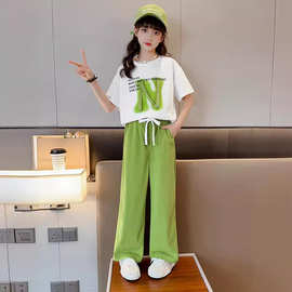 童装女童夏季时髦2024新款中大童韩版洋气休闲宽松字母套装两件套