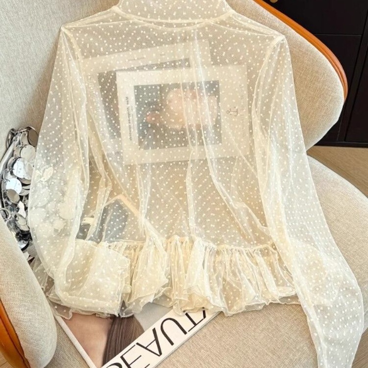 Korean-style white floral half-high collar long-sleeve lace top for women, autumn and winter French-style layered top with ruffled hem