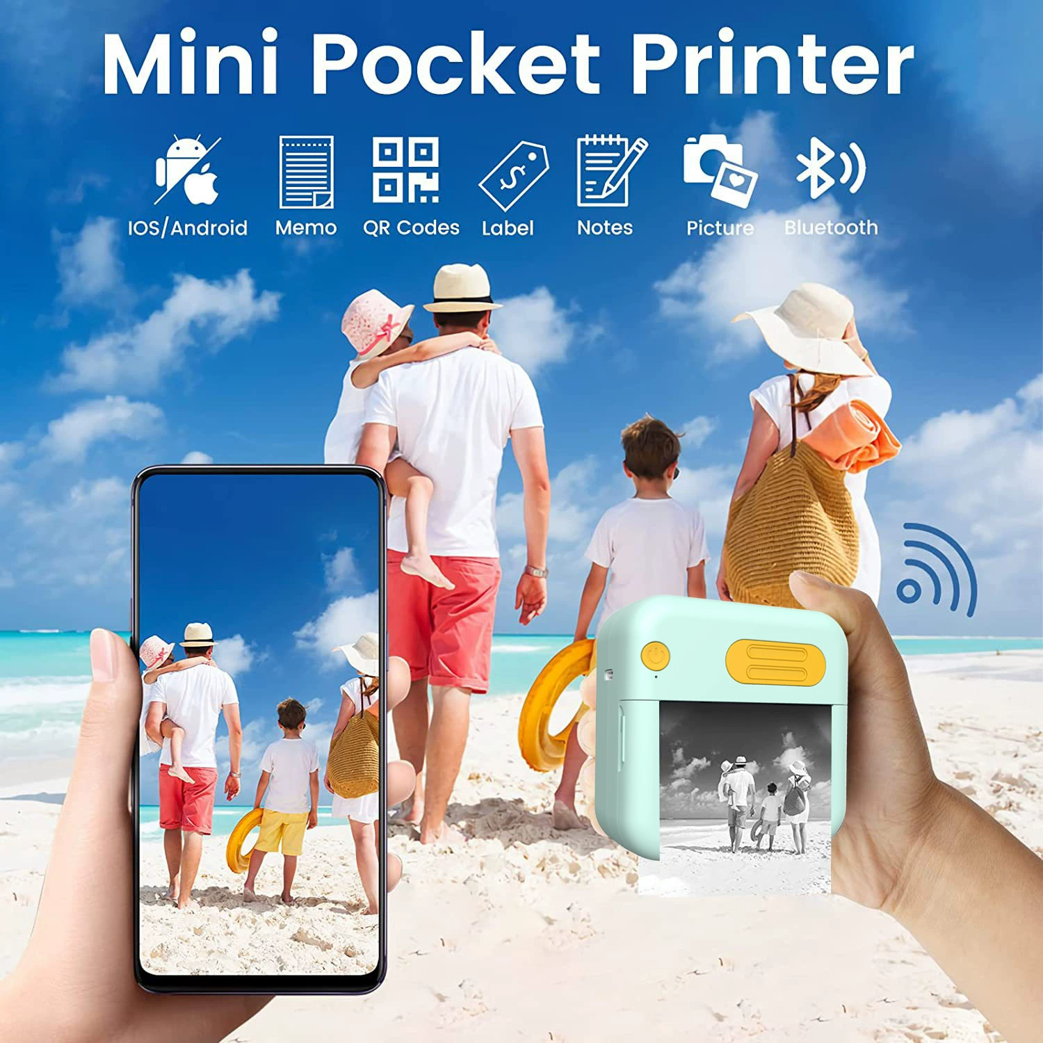 Маленький портативный принтер для школьников, карманный фотопринтер, Bluetooth