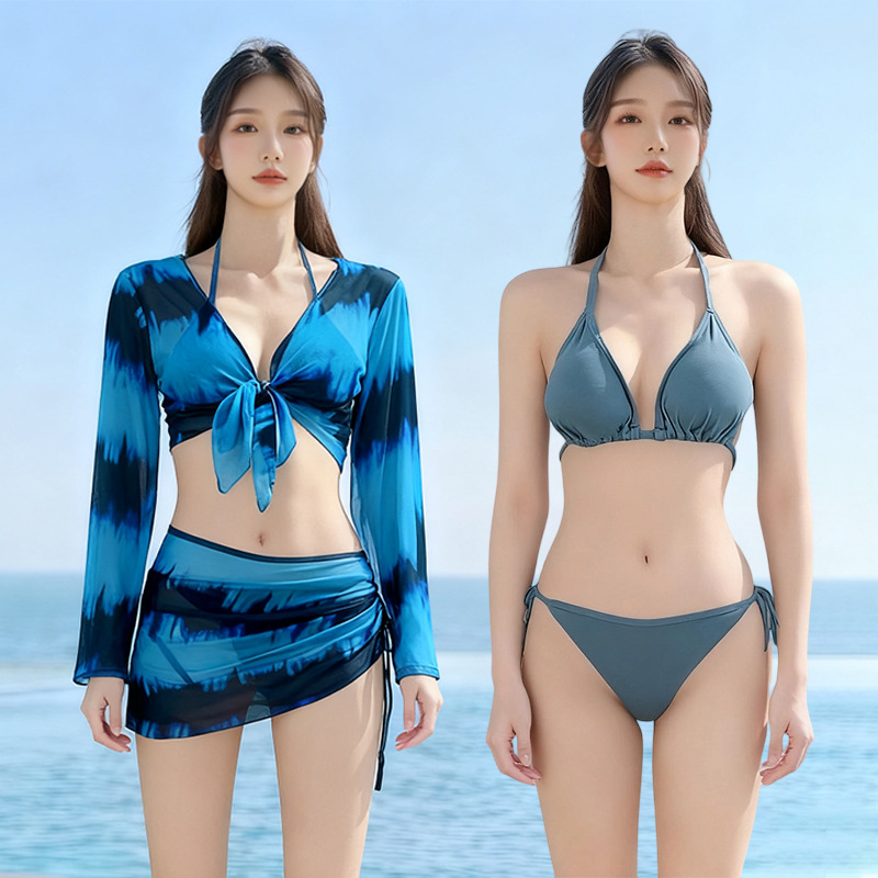 2025 nuevo traje de baño de mujer tie-dye puro deseo bikini dividido de cuatro piezas de manga larga protector solar traje de baño de alta calidad