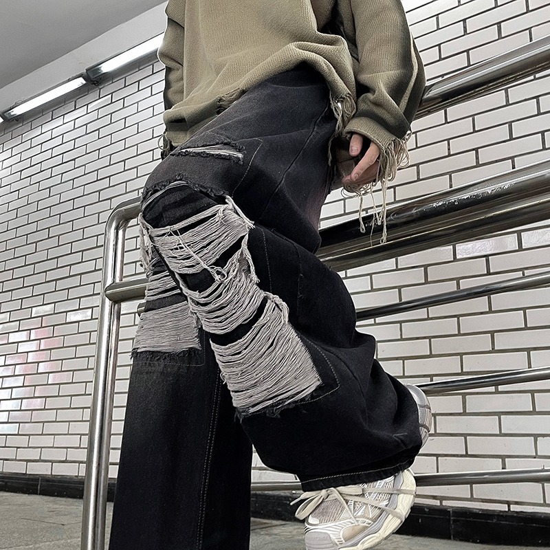 Spring And Autumn Distressed Jeans For Men, Casual Trendy Brand, Cool Washed High Street American Style Versatile Pants_mkmklike.com