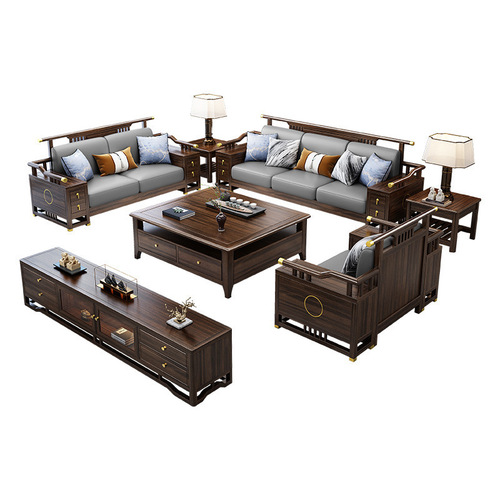 New Chinese style ebony solid wood sofa combination large and small villa living room Chinese style Zen living room wooden furniture
