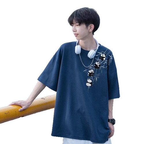New short-sleeved men's ins fashion brand European and American hip-hop style round collar base shirt top summer creative panda print t-shirt