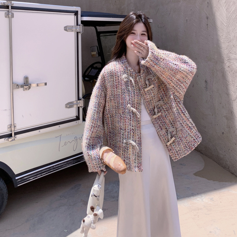 Real Shot of Colorful Tweed Coat 2025 Autumn Korean Style Small Fragrance Woven Age-Reducing and Beautiful Horn Button Coat