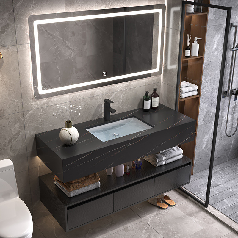 Luz de lujo placa Rock gabinete de baño combinación lavabo mesa de lavado inteligente espejo gabinete lavabo de baño lavabo gabinete