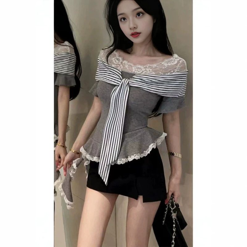 Lace Splicing Striped Tie Design One-Shoulder Flared Sleeve T-Shirt for Women Summer New Style Irregular Hem Top Lace Splicing Striped Tie Design One-Shoulder Flared Sleeve T-Shirt for Women Summer New Style Irregular Hem Top