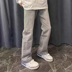 新しいアメリカンレトロハイストリートスモークグレー多用途カジュアルスリムトレンディストレートレッグジーンズ男性と女性用