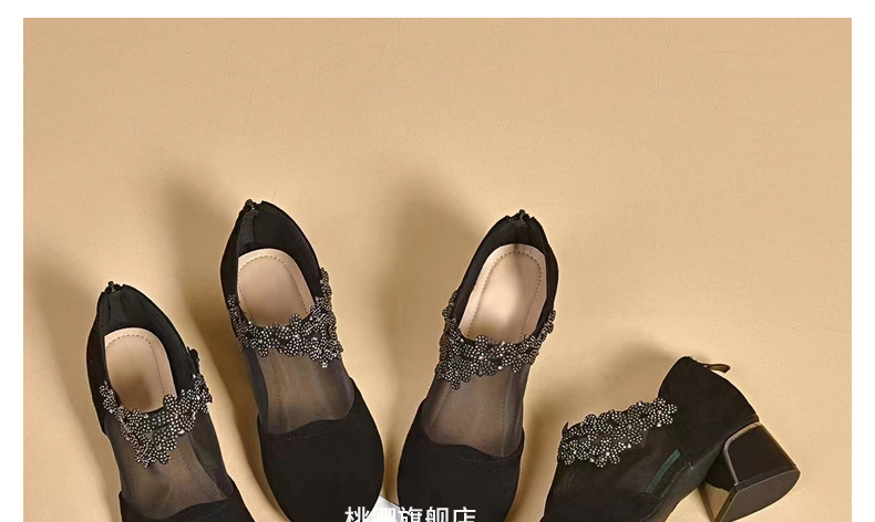 Giày sandal nữ da thật mũi tròn gót vuông 5 cm khoét lỗ hở mũi — Chiều cao gót 5 cm chi tiết 34