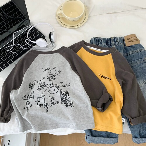 Cotton Men's and Women's Children's Long-Sleeve T-shirts 2024 Cute Cartoon Casual Versatile Medium and Small Children's Clothing Base Layer Top Spring and Autumn