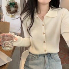 新商品の襟をめくってニットのカーディガンの女性のプルオーバーの上着のvネックの底のシャツのファッションのセーターを編みます。