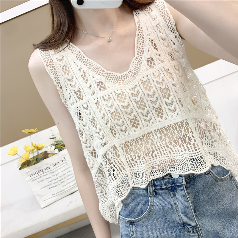 Knitted vest women's summer outer wear short V-neck crocheted hollow blouse sleeveless lace camisole top Knitted vest women's summer outer wear short V-neck crocheted hollow blouse sleeveless lace camisole top